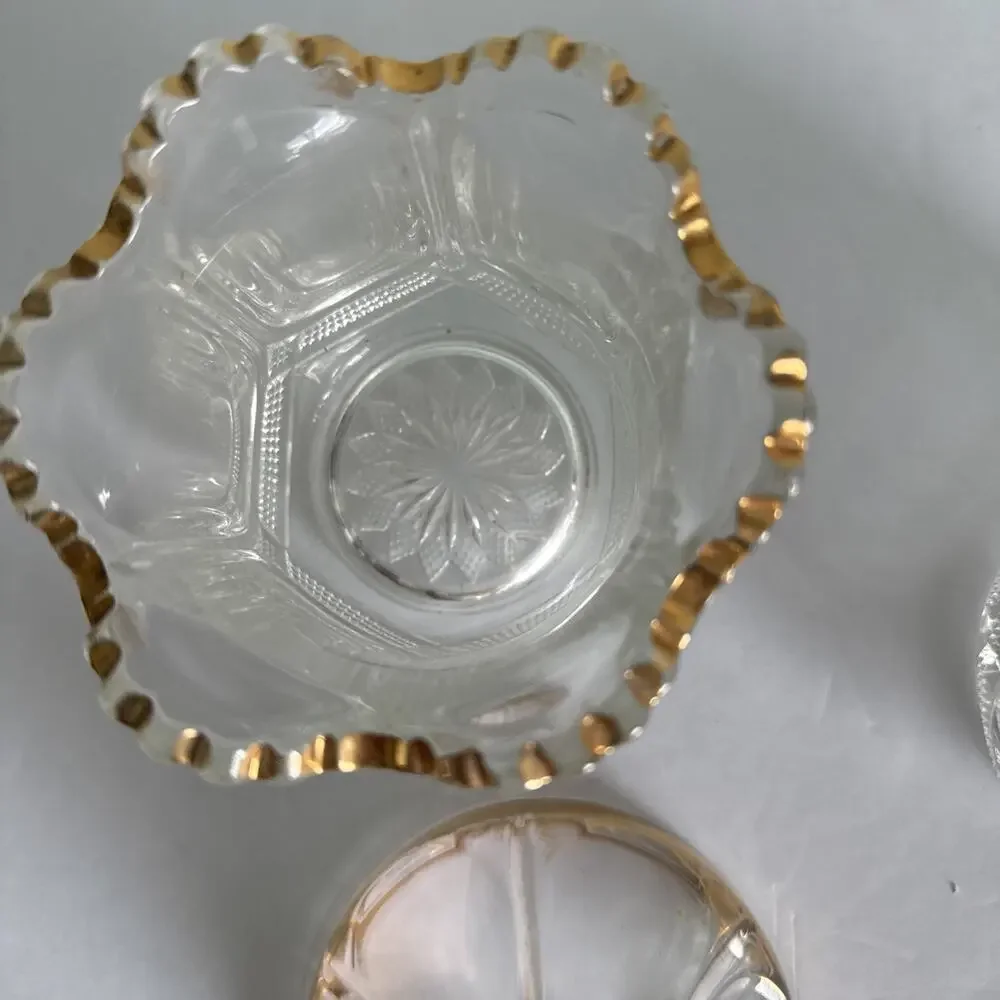 Vintage EAPG US Glass Biscuit Jar w/Lid and Sugar‎ bowl with gold Trim